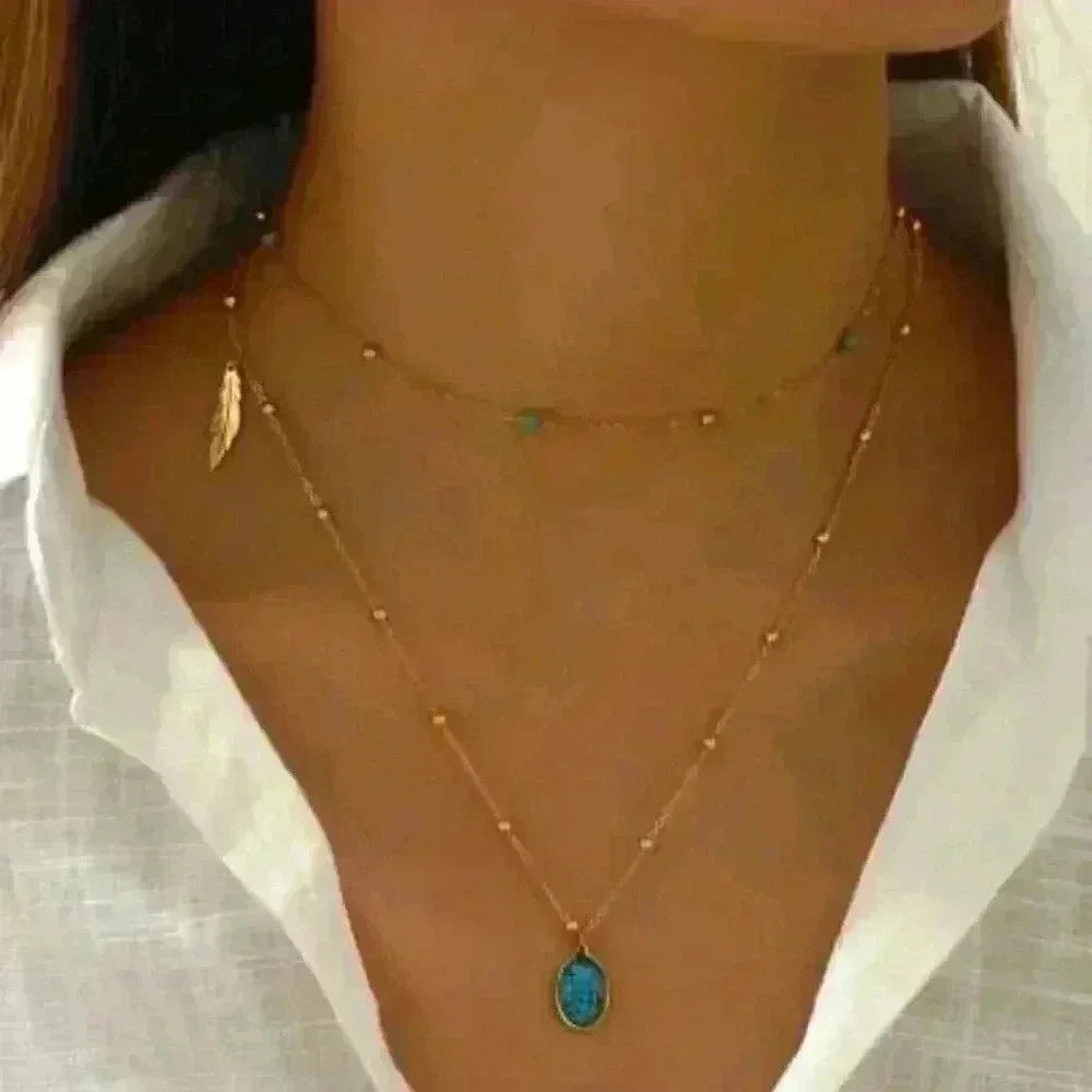 Faux Larimar stone Pendant & feather charm in a Layered 18k Gold Filled …